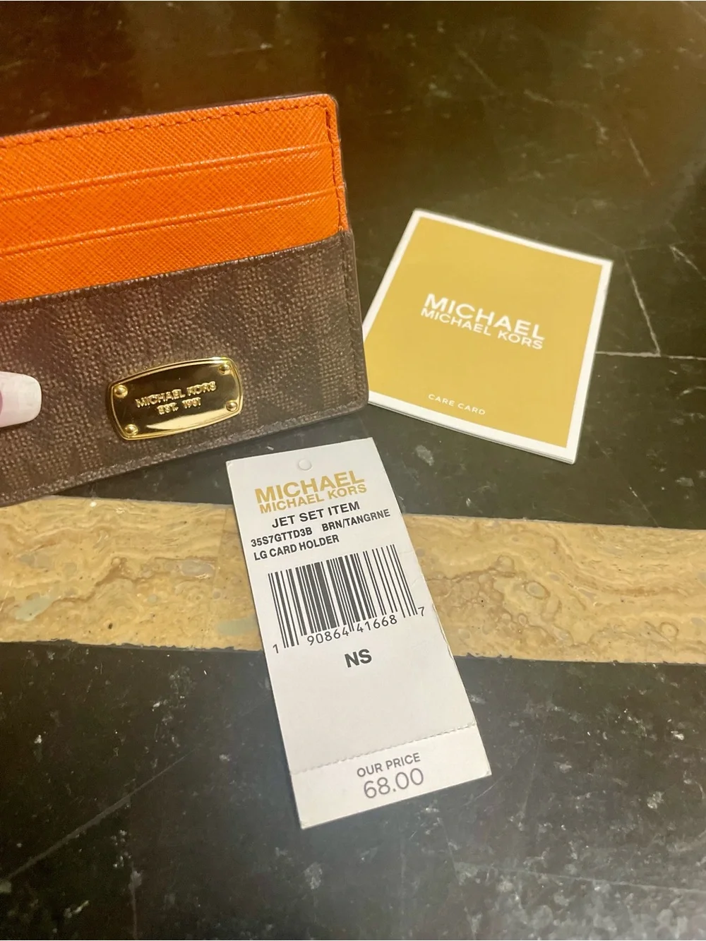 Michael Kors Orange and Brown Leather Card Holder with Gold Plate